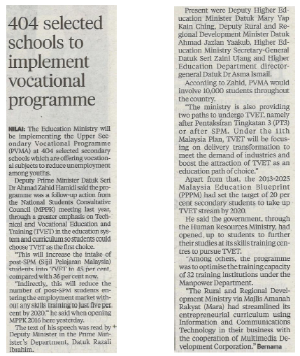 404 selected schools to implement vocational programme