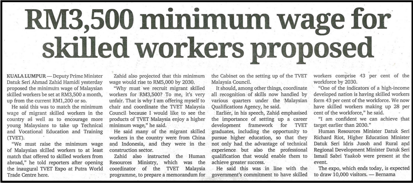 RM3500 minimum wage for skilled workers proposed